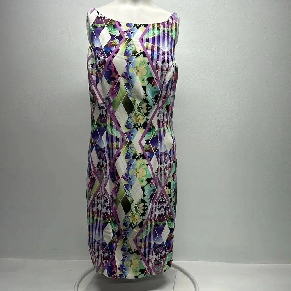 Milly Dress Sleeveless Stretch Shift Knit Midi Purple Stained Glass New Size 8